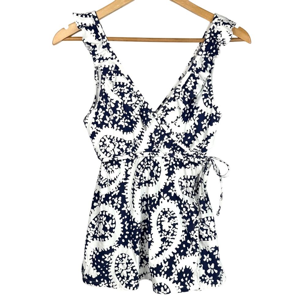 White & Blue Patterned Ruffle Tankini Top M